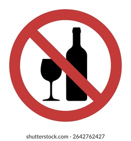 No Alcohol Allowed Sign – Vector Symbol with Wine Glass and Bottle in Prohibition Circle