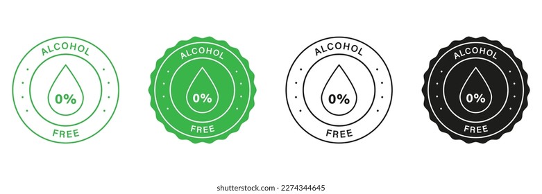 No Hay Alcohol En El Sello De Productos De Belleza. Cero Por Ciento De Etiquetas Sin Alcohol. Etiquetas cosméticas naturales para productos sin alcohol. Gotas En Sello Redondo Sin Icono De Alcohol. Ilustración de vectores aislados.