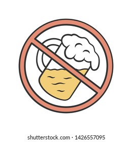 No Alcohol Beverage Color Icon. Drinking Forbidden Label. Cocktail Glass. Alcohol Free, Dry Bar Sticker. Sober, Alcoholism Caution Sign. Beer Mug With Foam Isolated Vector Illustration 