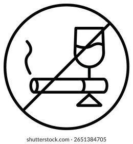 Sem álcool e cigarros ícone preto e branco esboço vetor de sinal plano