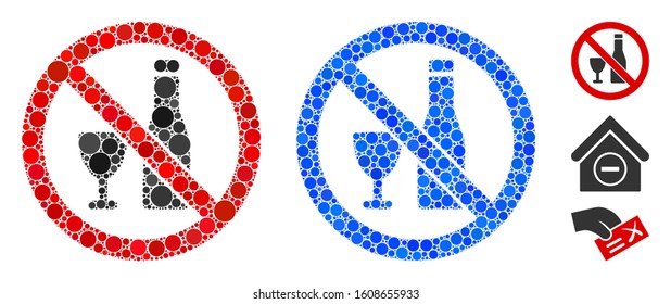 No alcohol composition of filled circles in different sizes and color tones, based on no alcohol icon. Vector filled circles are composed into blue mosaic.