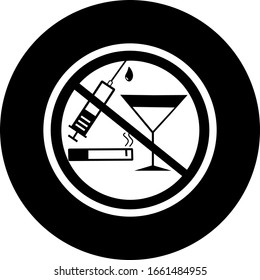 No alcohol drink in black circle icon. Warning label. Prohibition alcohol