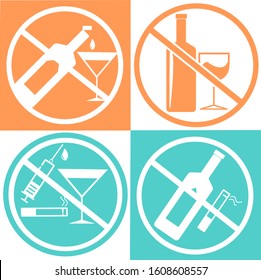 No alcohol drink and no smoking icon isolated on white, orange and green background, warning label vector eps 10. Trendy outline vector of Ramadan icons for ui and ux, website or mobile application. 
