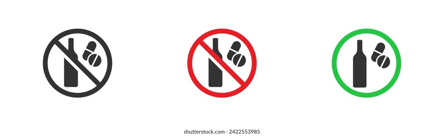 No alcohol with drugs contraindicated, no wine with pills forbidden red circle. Health care symbol. Flat vector illustration.