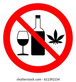 No alcohol and drugs. Alcohol and drugs prohibition sign, vector illustration.