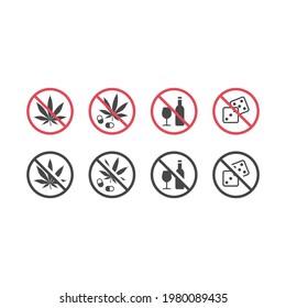 No Alcohol And No Drugs Red Prohibition Sign. No Gambling Icon.