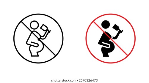 No alcohol during pregnancy period sign vectors set in black. line and flat versions