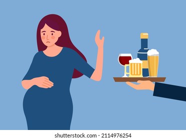 No alcohol during pregnancy. Pregnant woman refuse drinking beer for good health.