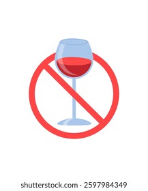 No alcohol Flat design icon stock illustration. Glass of red wine in a prohibition sign, white background stock illustration