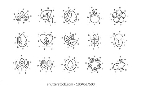 No alcohol free, synthetic fragrance, fair trade. Organic cosmetics line icons. Sustainable textiles, animal testing, eco organic icons. Linear set. Geometric elements. Quality signs set. Vector