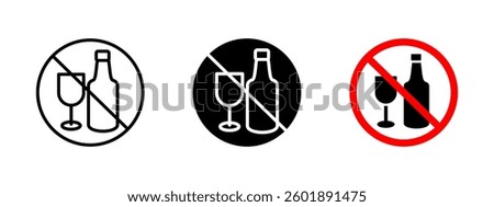 No alcohol icon. Prohibited drinking sign indicating restriction on alcohol consumption. Warning symbol for liquor-free zones and safety regulations enforcement.