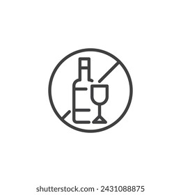 No Icono de línea de alcohol. signo de estilo lineal para concepto móvil y diseño web. Icono de vector de contorno de botella de vino y vidrio prohibido. Símbolo, ilustración del logotipo. Gráficos vectoriales
