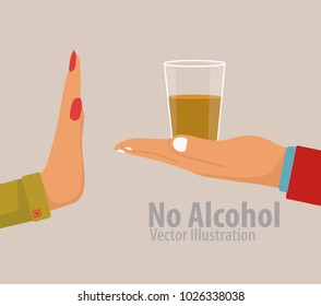 No Alcohol. The man offers to drink holding a glass. Stop alcohol. Hand gesture rejection. Vector illustration flat design. 