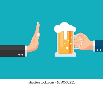 No alcohol. Man offers to drink holding a Glass of beer in hand. Stop alcohol. vector illustration in flat style