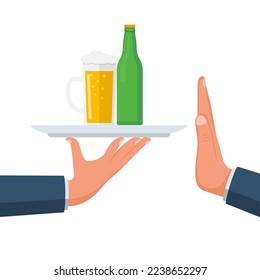 No alcohol. Man offers to drink holding bottle of beer and a glass on a tray. Stop alcohol. Hand gesture rejection. Vector illustration flat design. Isolated on white background.