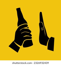 No alcohol. Man offers to drink holding a bottle of beer in hand. Black icon stop alcohol. Hand gesture rejection. Vector illustration flat design. Isolated on background.