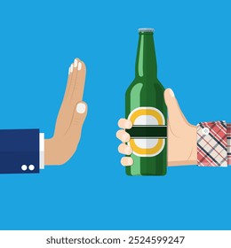 No alcohol. Man offers to drink holding a bottle of beer in hand. Stop alcohol. vector illustration in flat style