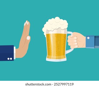 No alcohol. Man offers to drink holding a Glass of beer in hand. Stop alcohol. vector illustration in flat style