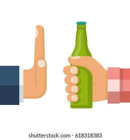 No Alcohol. Man Offers To Drink Holding A Bottle Of Beer In Hand. Stop Alcohol. Hand Gesture Rejection. Vector Illustration Flat Style Design. Isolated On Background.