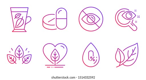 No alcohol, Organic tested and Vision test line icons set. Not looking, Mint leaves and Local grown signs. Medical drugs, Leaf symbols. Mineral oil, Bio ingredients. Healthcare set. Vector