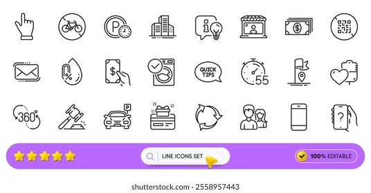 No alcohol, Qr code and Click hand line icons for web app. Pack of Bicycle prohibited, Washing machine, Timer pictogram icons. Lamp, 360 degree, Smartphone signs. Auction hammer, Parking. Vector