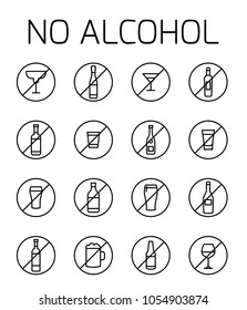 No alcohol related vector icon set. Well-crafted sign in thin line style with editable stroke. Vector symbols isolated on a white background. Simple pictograms.