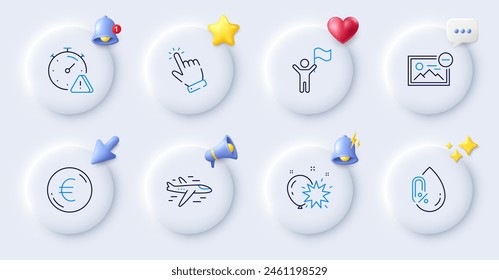 No alcohol, Remove image and Leadership line icons. Buttons with 3d bell, chat speech, cursor. Pack of Euro money, Cursor, Balloon dart icon. Attention, Airplane pictogram. Vector