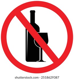 No hay letrero de alcohol, no hay bebidas alcohólicas o icono de prohibición de consumo de licor. Ilustración en forma de círculo rojo para prohibir el consumo de alcohol en el área. Símbolo de prohibición de estilo plano aislado en blanco.