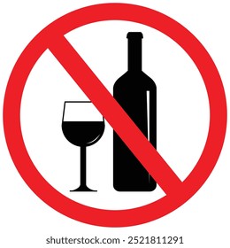 No hay letrero de alcohol, no hay bebidas alcohólicas o icono de prohibición de consumo de licor con vaso medio lleno. Símbolo de prohibición de estilo plano, ilustración en forma de círculo rojo aislada en blanco.