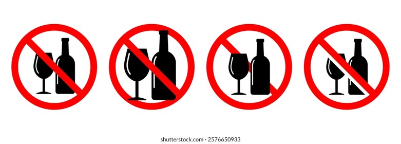 No alcohol sign, Don't drink icon. Prohibition symbol. Do not drink alcohol in this area. No drink. Free alcohol label product. Vector illustration