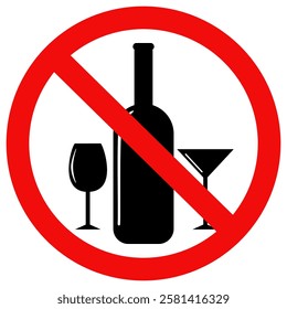No alcohol sign, No alcohol drink sign, Prohibition sign for alcohol. Flat style vector illustration editable isolated design.