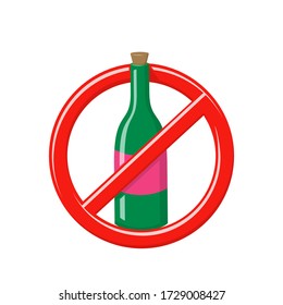 Kein Alkoholzeichen. Verbotenes Trinksymbol Nicht erlaubt Eintritt mit Wein, Bier, Whiskey oder Champagner. Vector Cartoon Illustration verbotener Schnaps, roter Kreuz mit grüner Weinflasche