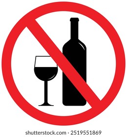 No alcohol sign with half filled glass. Flat style prohibition symbol, red circle shaped illustration. No alcoholic beverages or liquor consumption prohibition icon isolated on white.