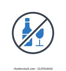 No alcohol sign related vector glyph icon. Bottle of wine and glass in prohibitory sign. Isolated on white background. Editable vector illustration