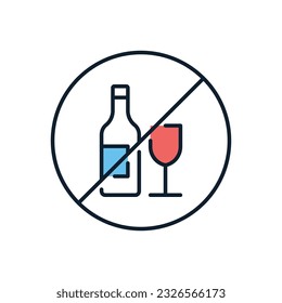 No alcohol sign related vector icon. Bottle of wine and glass in prohibitory sign. Isolated on white background. Editable vector illustration