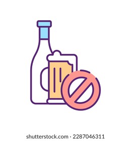 No alcohol sign RGB color icon. Prevent alcoholism. Stop booze intake. Forbidden beverage. No wine. Refuse bad habit, alcoholic drink addiction. Ramadan rules. Isolated vector illustration