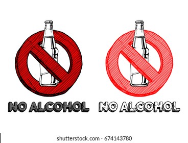 No alcohol sign set. Vector hand drawn illustration in vintage engraved style. isolated on white background.