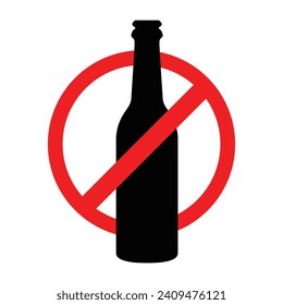 No alcohol sign. Vector Bottle of wine and a glass in prohibitory sign. Isolated on white background. Editable stroke. Vector illustration.