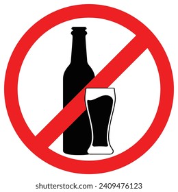 No alcohol sign. Vector Bottle of wine and a glass in prohibitory sign. Isolated on white background. Editable stroke. Vector illustration.