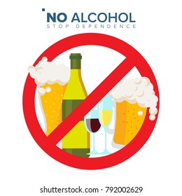No Alcohol Sign Vector. Strike Through Red Circle. Prohibiting Alcohol Beverages. Beer Beverage Stop Sign. Bad Stamp.  Isolated Flat Cartoon Illustration 
