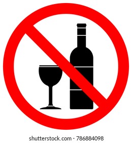 NO ALCOHOL sign. Wine bottle and cup in crossed out red circle. Vector icon.