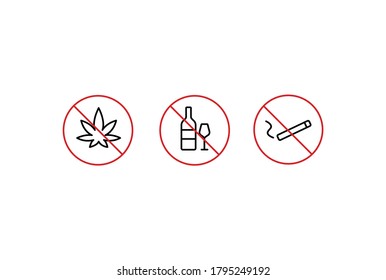 No Alcohol, No Smoke, No Cannabis, No Drugs Simple Thin Line Icon Vector Illustration