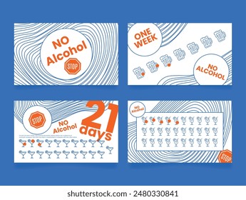 No alcohol stop drinking tracker retro card design template set vector flat illustration. Healthy lifestyle habits alcoholic addiction personal checklist planning challenge achievement blank