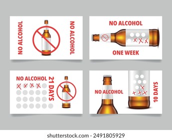 No alcohol tracker with crossed beer bottle card design template set vector illustration. Alcoholic stop drinking alcoholism habit control marking calendar challenge motivation planner tracking