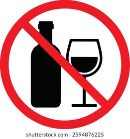 No Alcohol Warning Sign – Red Circle with Diagonal Line Over Wine Bottle and Glass
