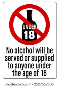 No alcohol  will be served or supplied to anyone under the age of 18. Ban sign with bottle symble and text below.