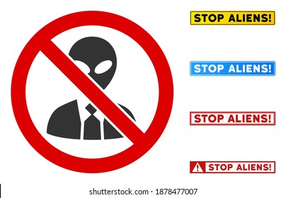 No Alien Manager sign with words in rectangular frames. Illustration style is a flat iconic symbol inside red crossed circle on a white background. Simple No Alien Manager vector sign,