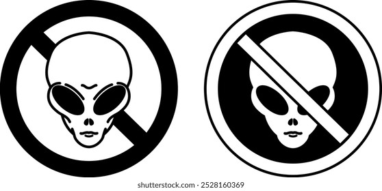 No Alien Signs. Black and White Vector Icons. Humorous Road Sign. No UFOs. No Extraterrestrial Civilization