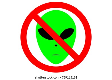 NO ALIENS ALLOWED sign. Green humanoid face silhouette in red circle. Vector.