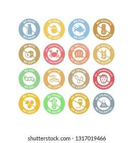 No allergens circle stickers colorful stamp set. No gluten, no dairy, no peanuts vector labels in pastel colors.